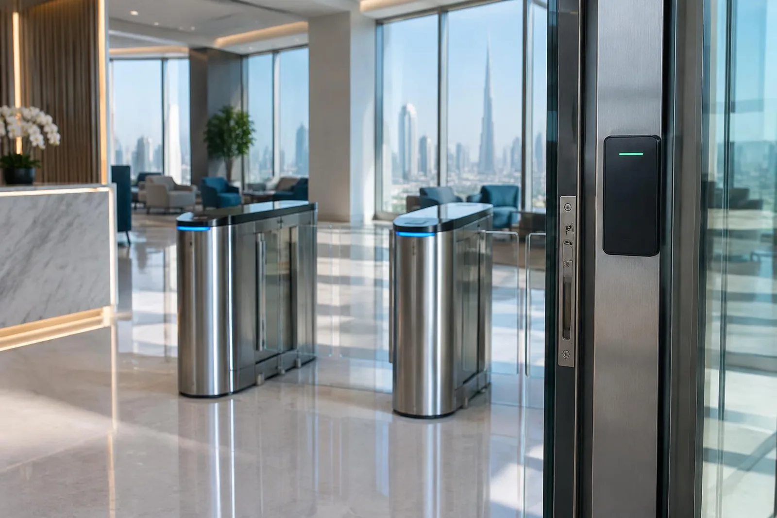Illustrative card reader and speed gates at a controlled office entrance