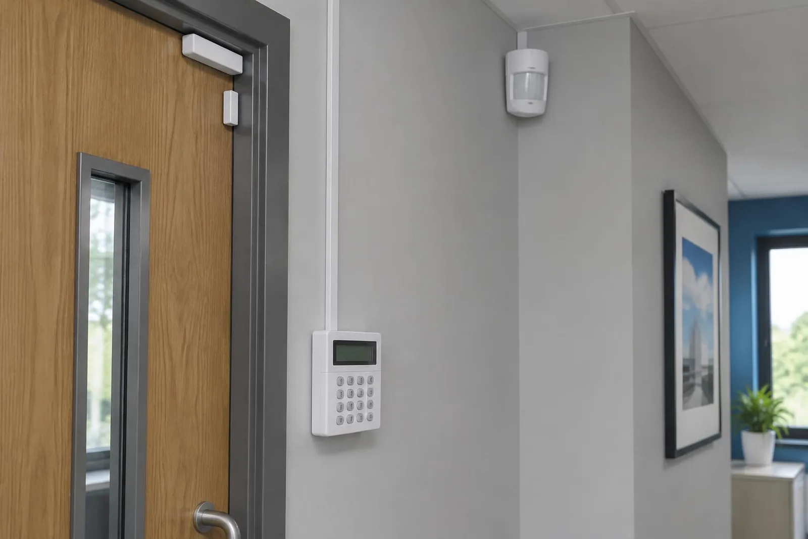 Illustrative intruder alarm keypad, door sensors and motion detector