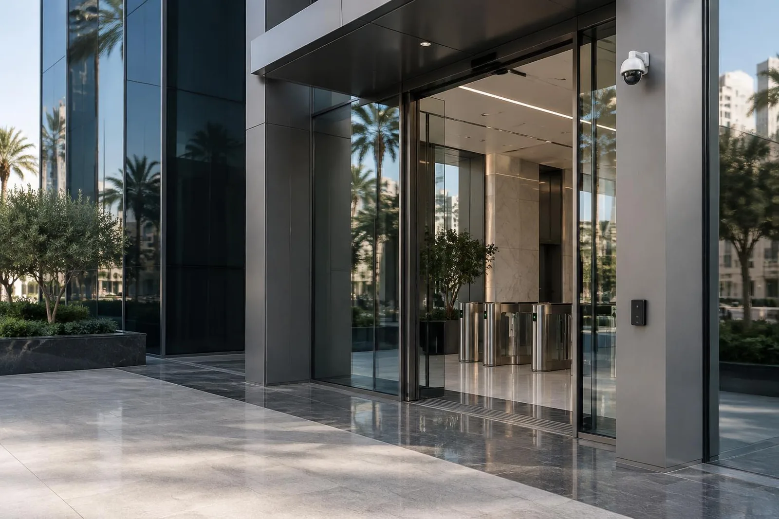 Illustrative Dubai-style business entrance with CCTV and access control
