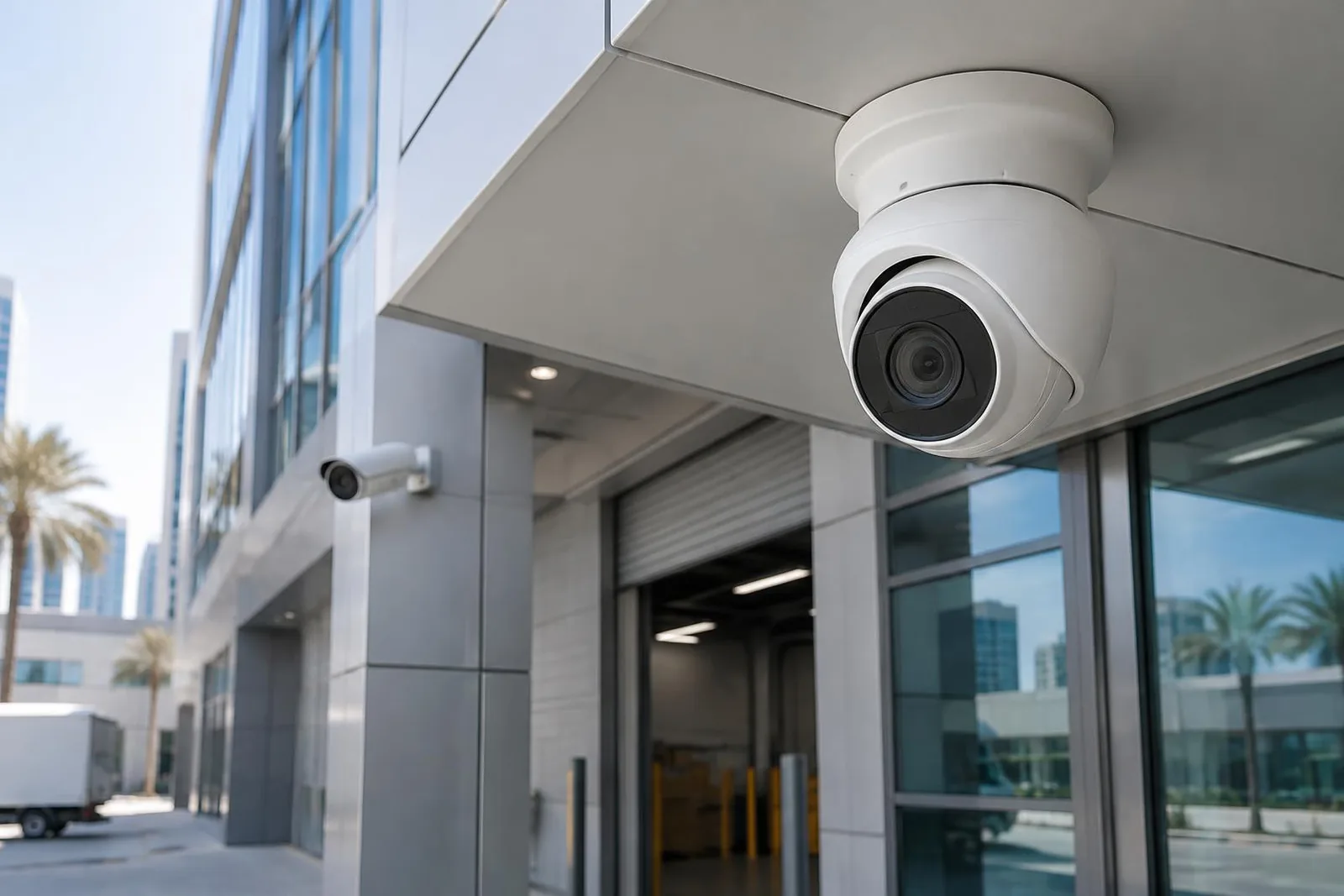 Illustrative CCTV turret camera protecting a commercial entrance