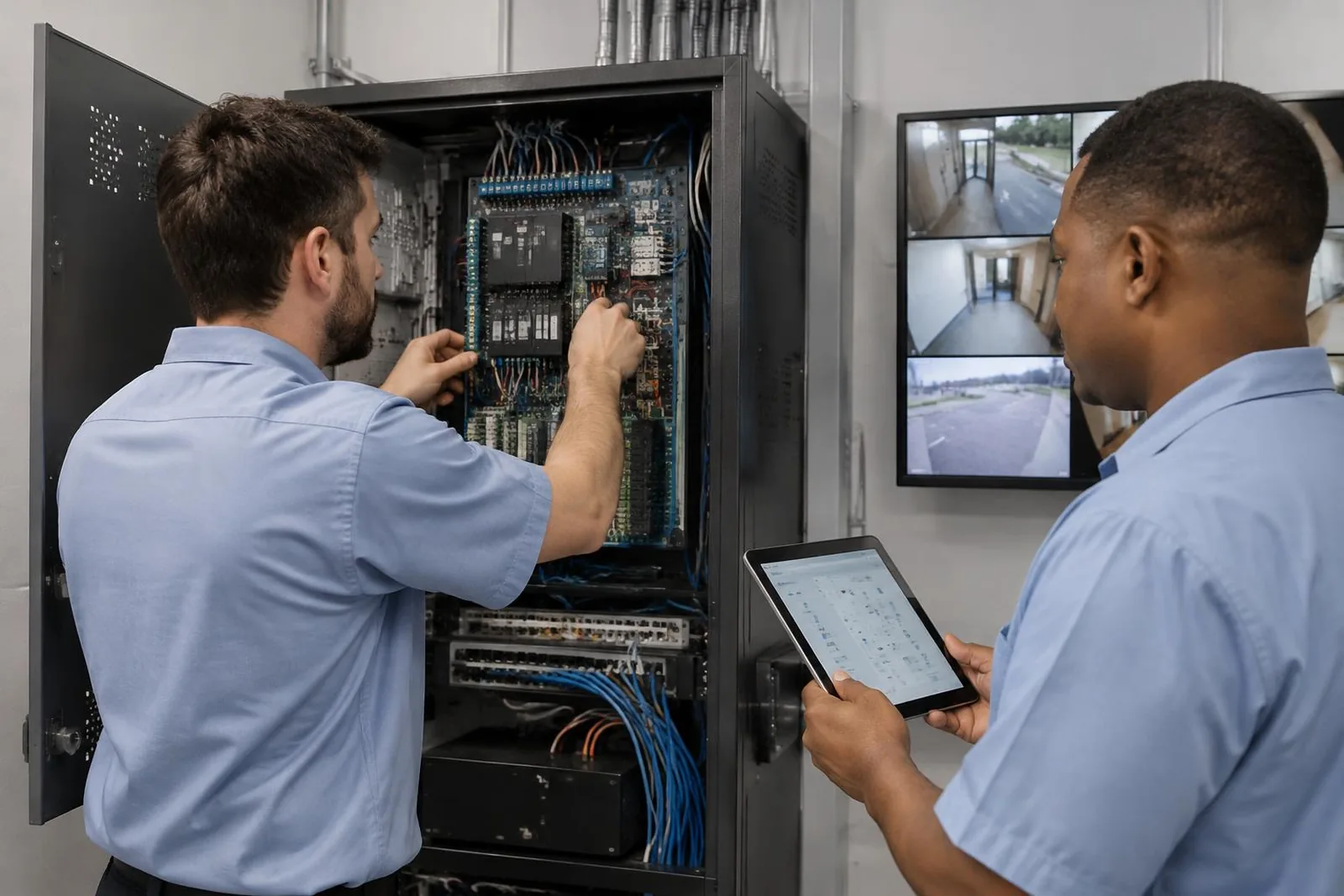 Illustrative technicians testing a security control panel