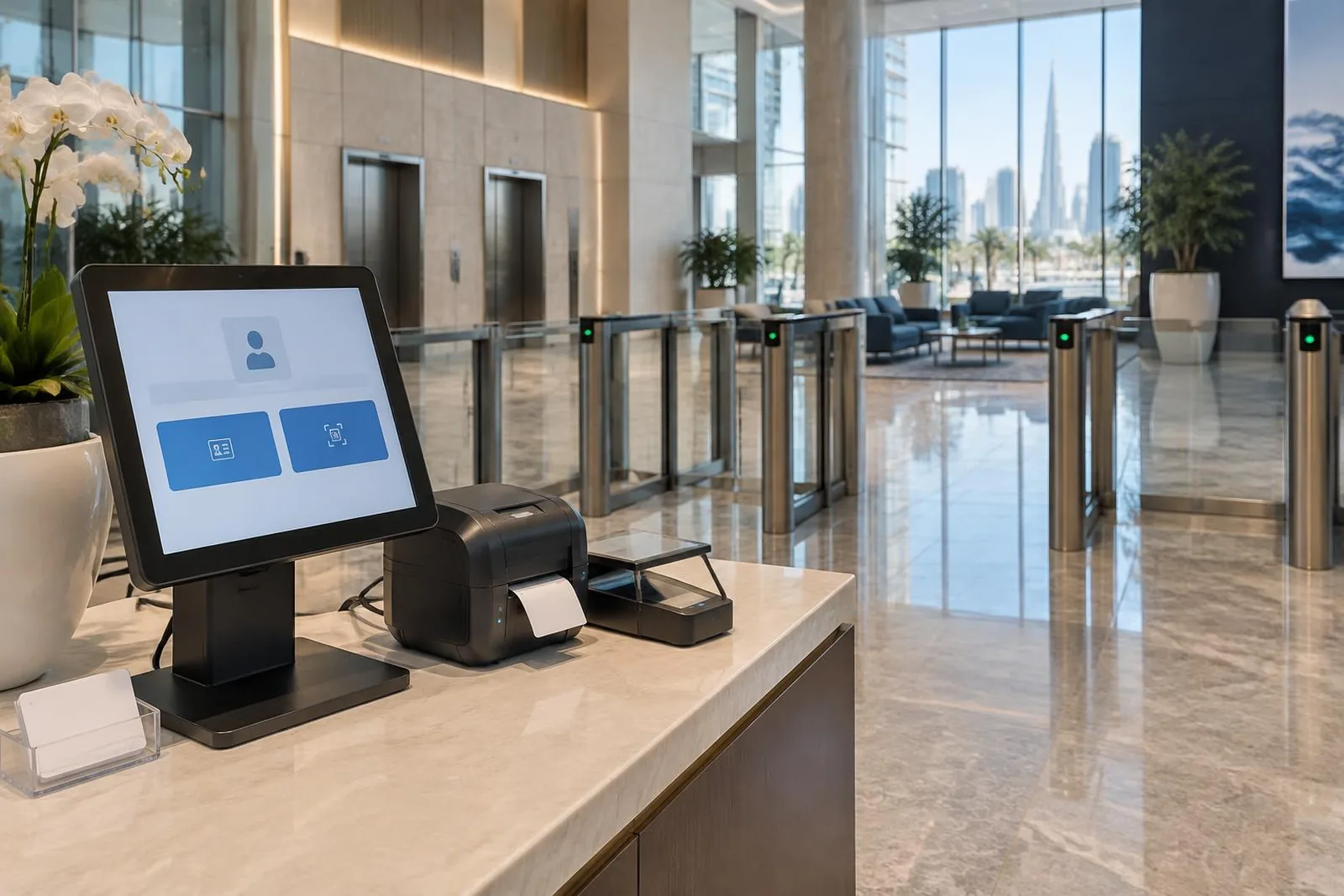 Illustrative visitor check-in kiosk, badge printer and reception gates